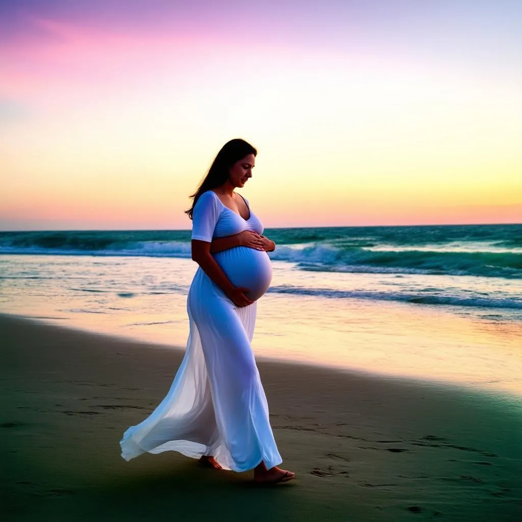 expectant mother enjoying beach vacation